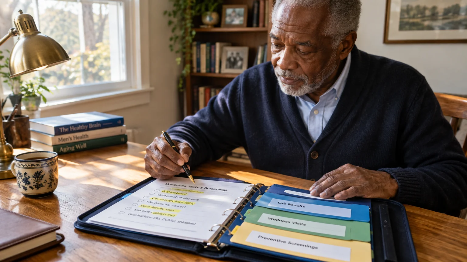 A senior man sits at a wooden desk with a pen, reviewing an open medical binder with test checklists and tabbed dividers.