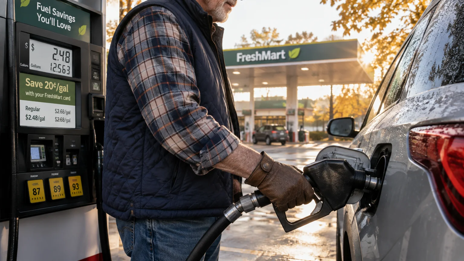 A man pumping gas into his car at a FreshMart gas station pump on a sunny day.