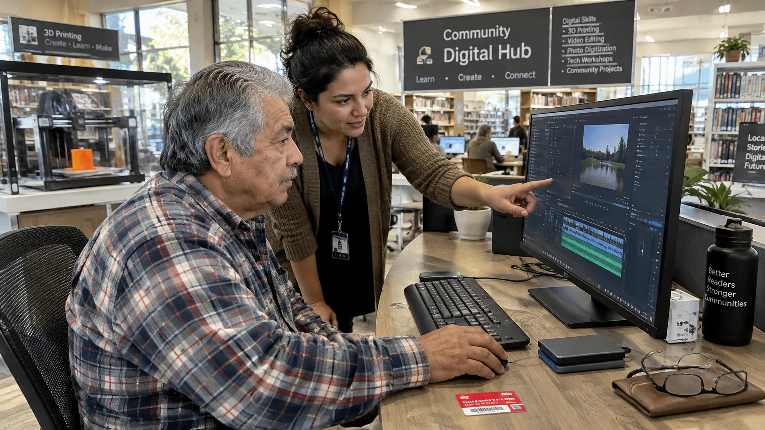 An instructor points to a computer monitor while assisting an older man in a library digital lab.