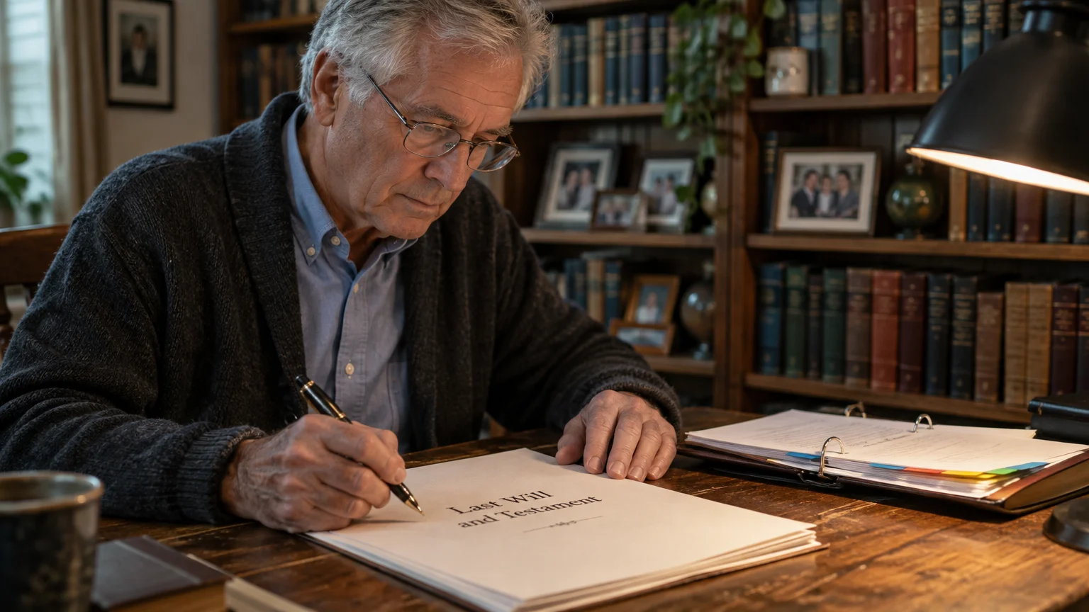 An older man wearing glasses sits at a wooden desk in a library, writing on a Last Will and Testament document with a pen.