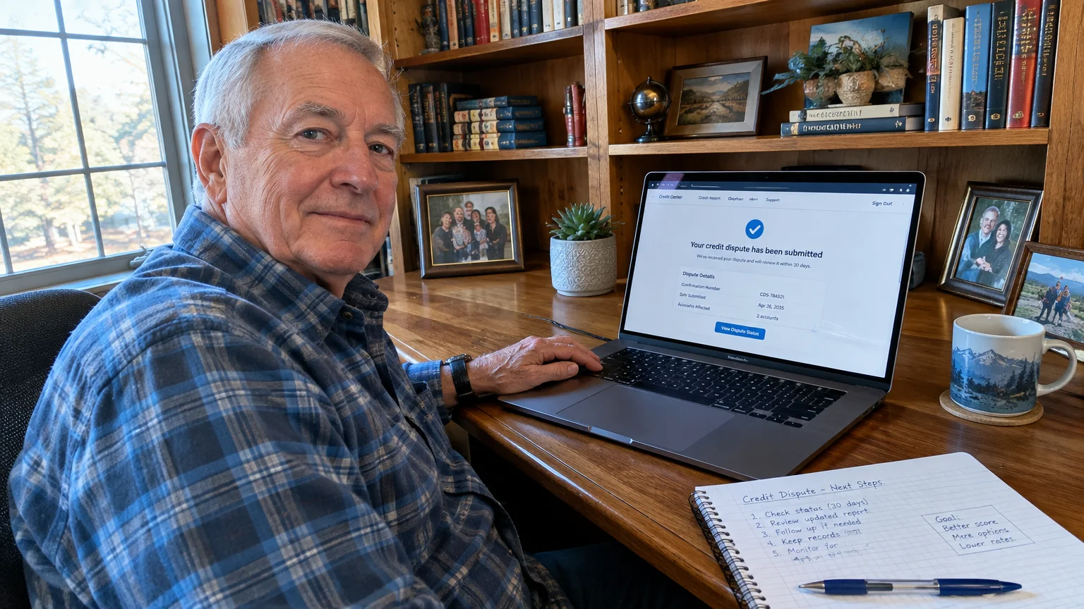 Senior man sitting at a desk with an open laptop displaying a credit dispute submission confirmation page.