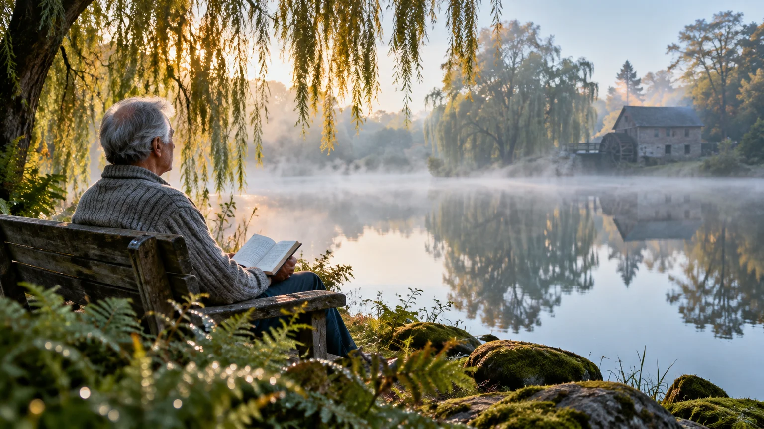 A senior man sits on a wooden bench holding a book, looking out over a misty lake near a watermill.
