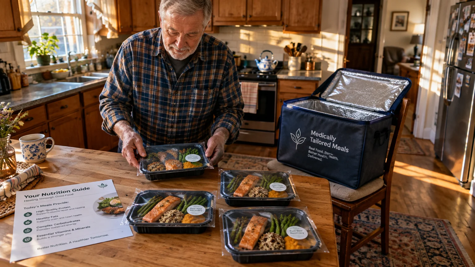 A man unpacking prepared meal containers from an insulated delivery bag onto a wooden kitchen table.