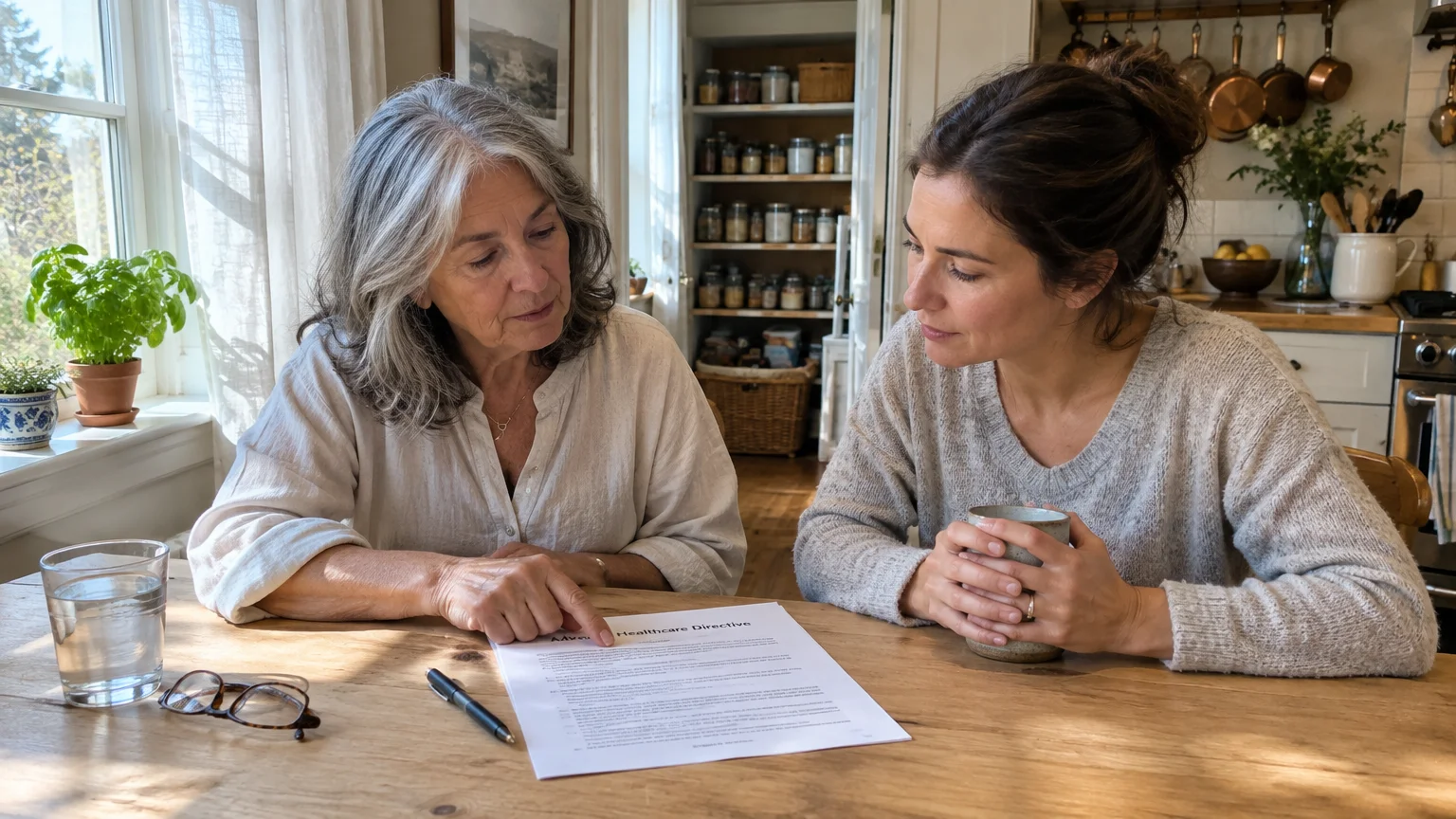 Two women sit at a wooden kitchen table reviewing an Advance Healthcare Directive document together.