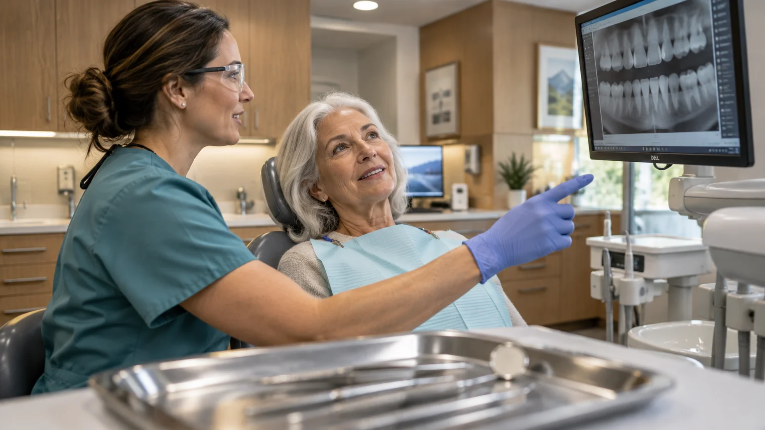 A dentist in scrubs points at a digital X-ray screen while consulting with an older woman in a dental chair.