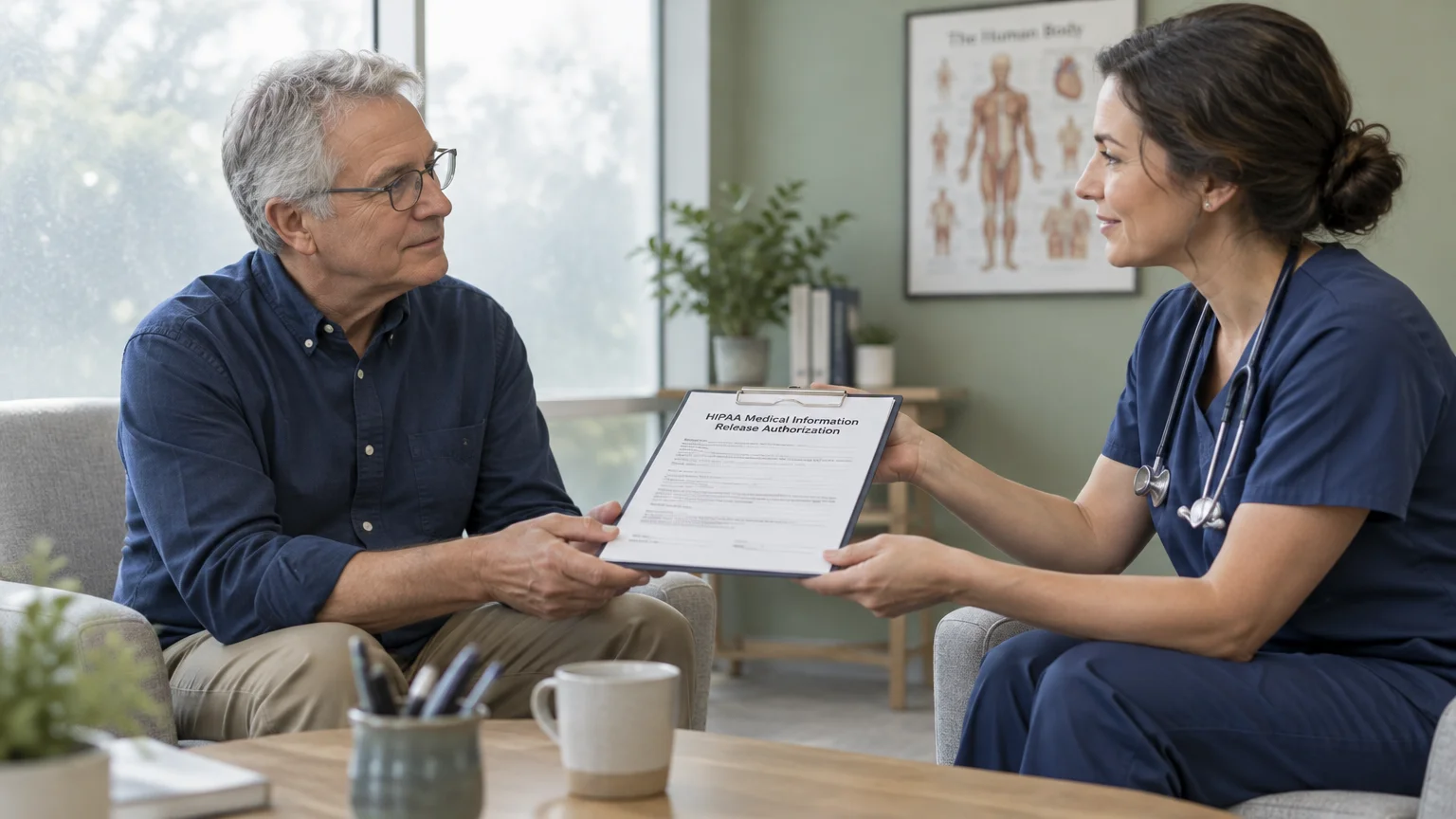 A nurse in blue scrubs hands a senior man a HIPAA medical information release authorization form on a clipboard.