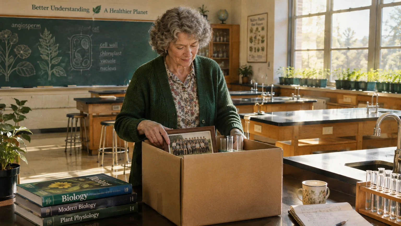 An older female teacher packs a cardboard box with a framed photo in a science classroom with biology textbooks.