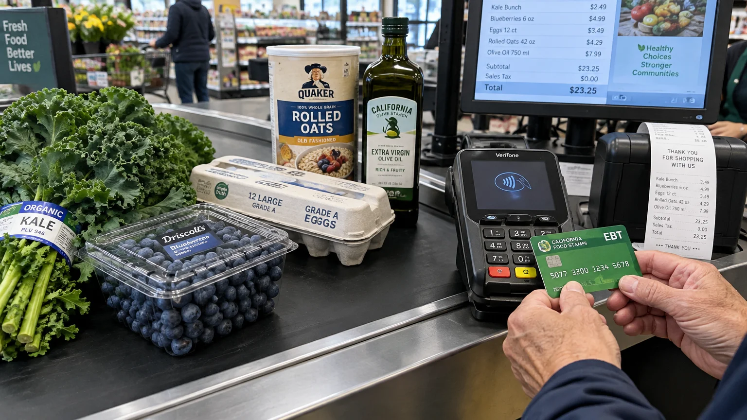 A shopper pays with an EBT card at a grocery checkout counter stocked with kale, blueberries, oats, eggs, and olive oil.