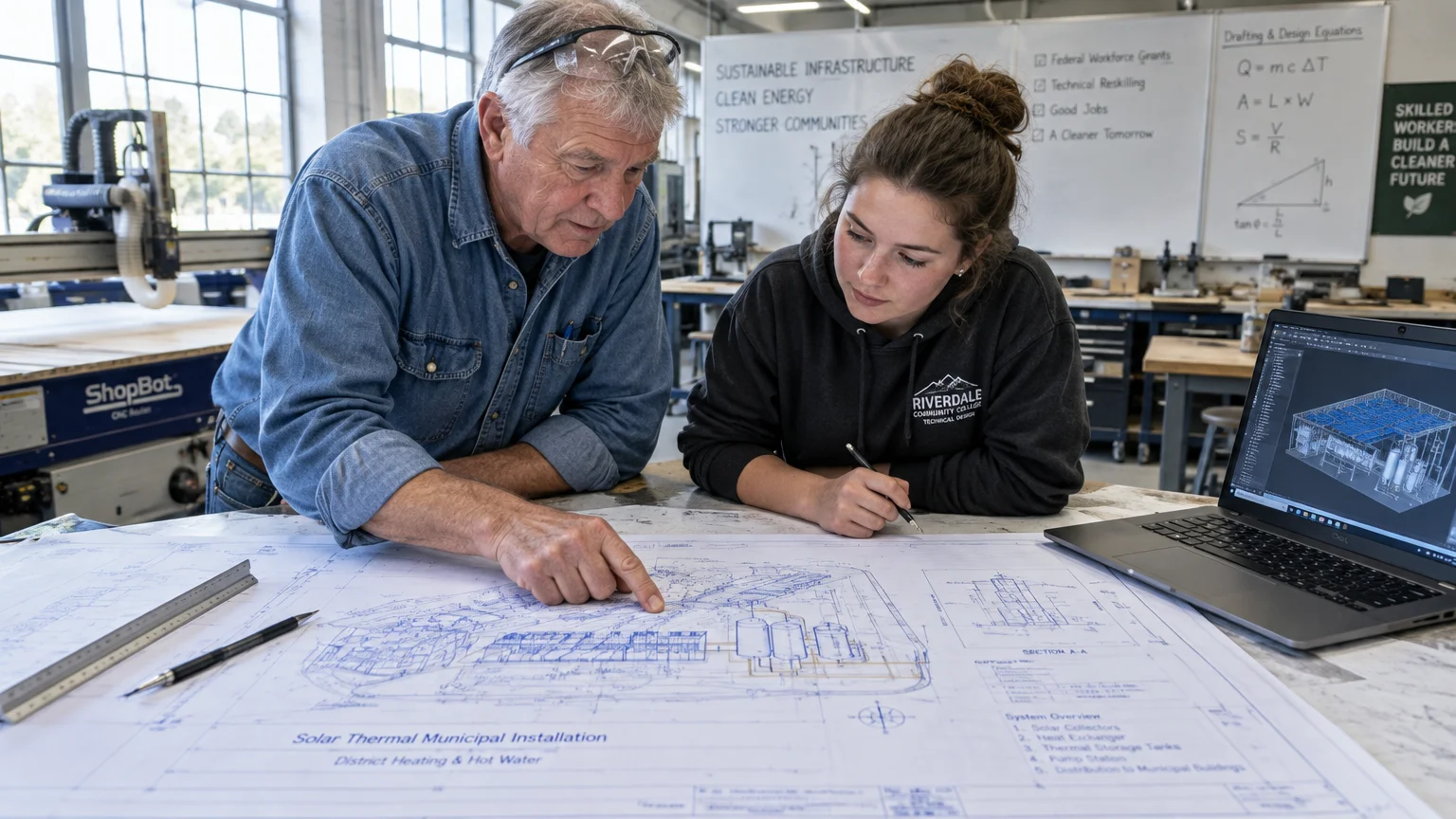 An older man and a young woman review blueprints and a 3D model on a laptop in a technical workshop.