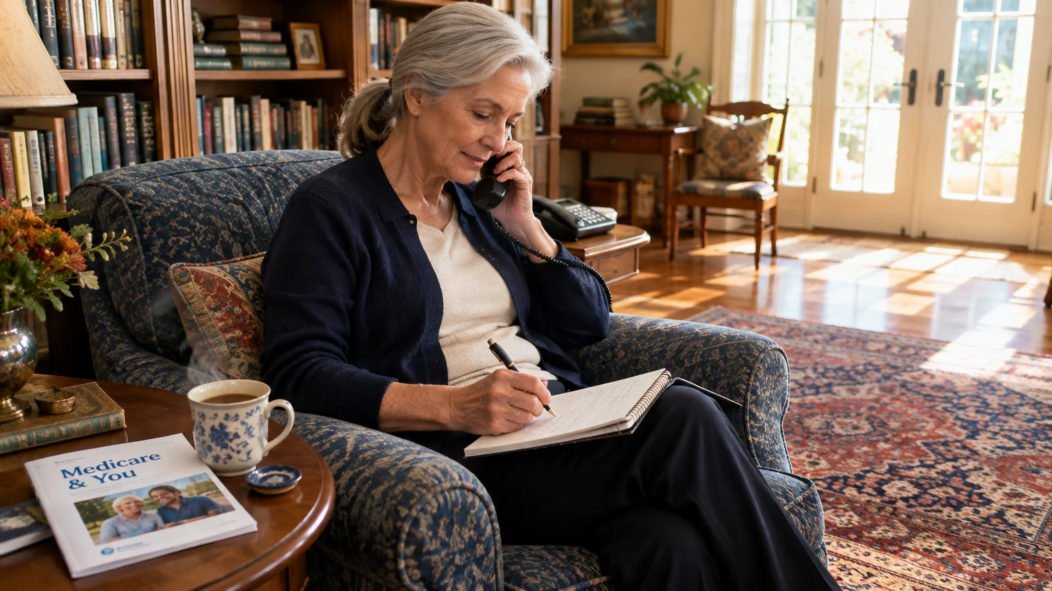 A senior woman on a landline phone takes notes in an armchair next to a Medicare booklet and coffee mug.