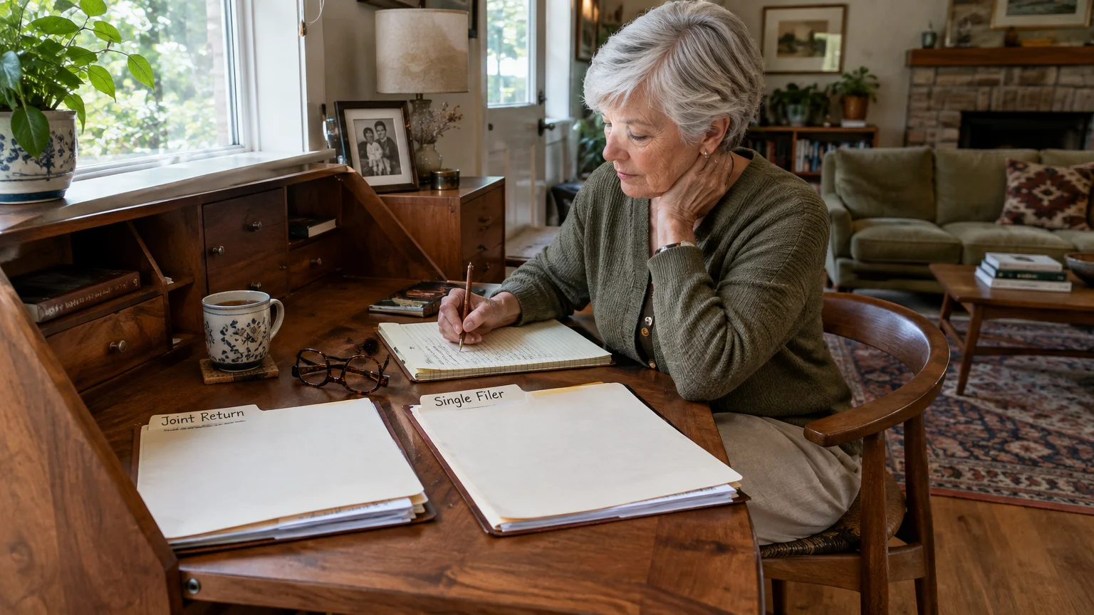 A senior woman sits at a wooden desk writing, next to folders labeled Joint Return and Single Filer.