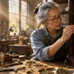 Senior woman repairing an intricate antique wooden clock with fine tools in a sunlit workshop.