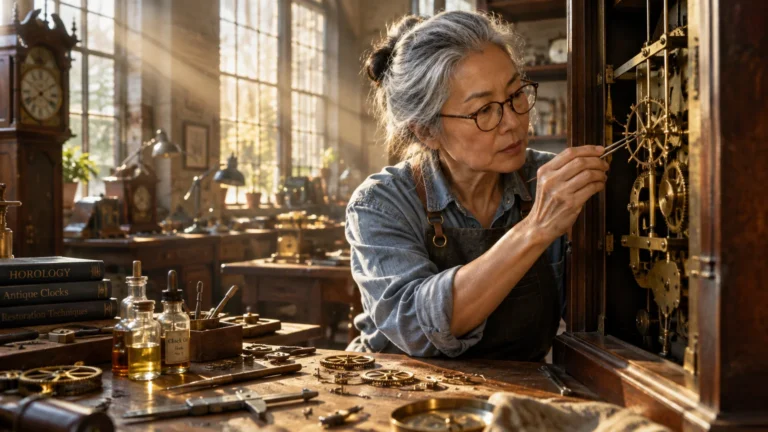 Senior woman repairing an intricate antique wooden clock with fine tools in a sunlit workshop.