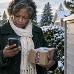 Older woman in a green coat holding a package and looking at her smartphone beside snow-covered mailboxes outdoors.