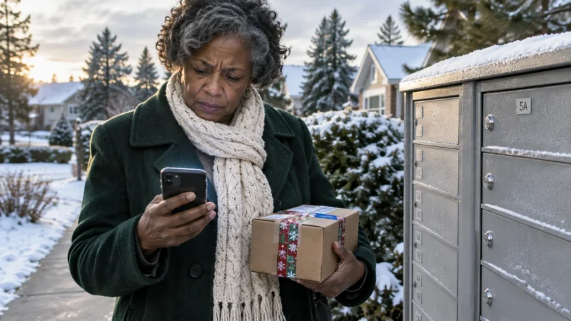 Older woman in a green coat holding a package and looking at her smartphone beside snow-covered mailboxes outdoors.