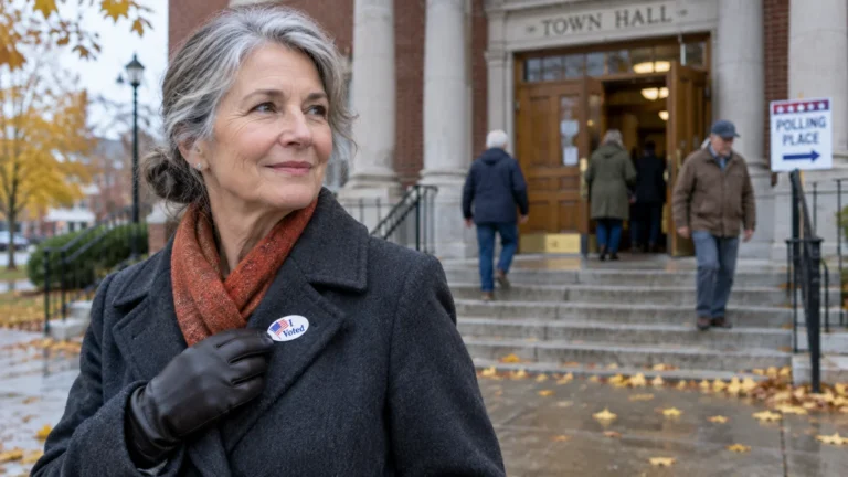 Older woman wearing an I Voted sticker on her coat outside a town hall polling station with people on the steps.