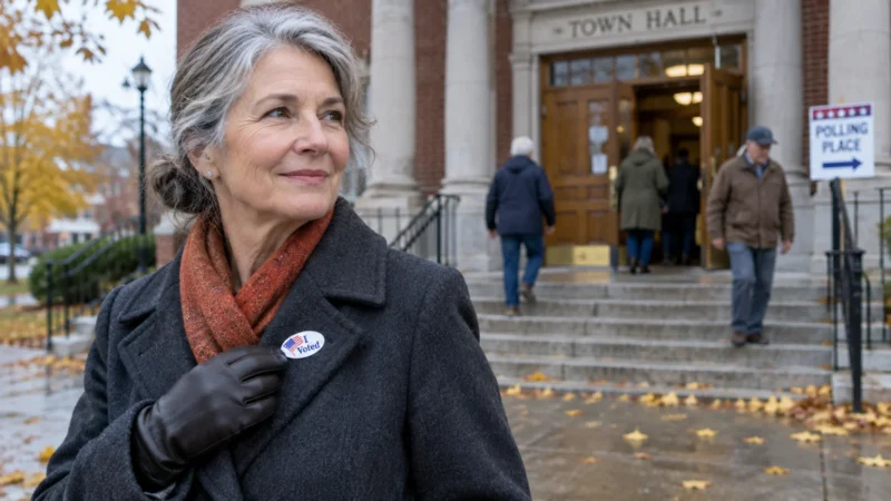Older woman wearing an I Voted sticker on her coat outside a town hall polling station with people on the steps.