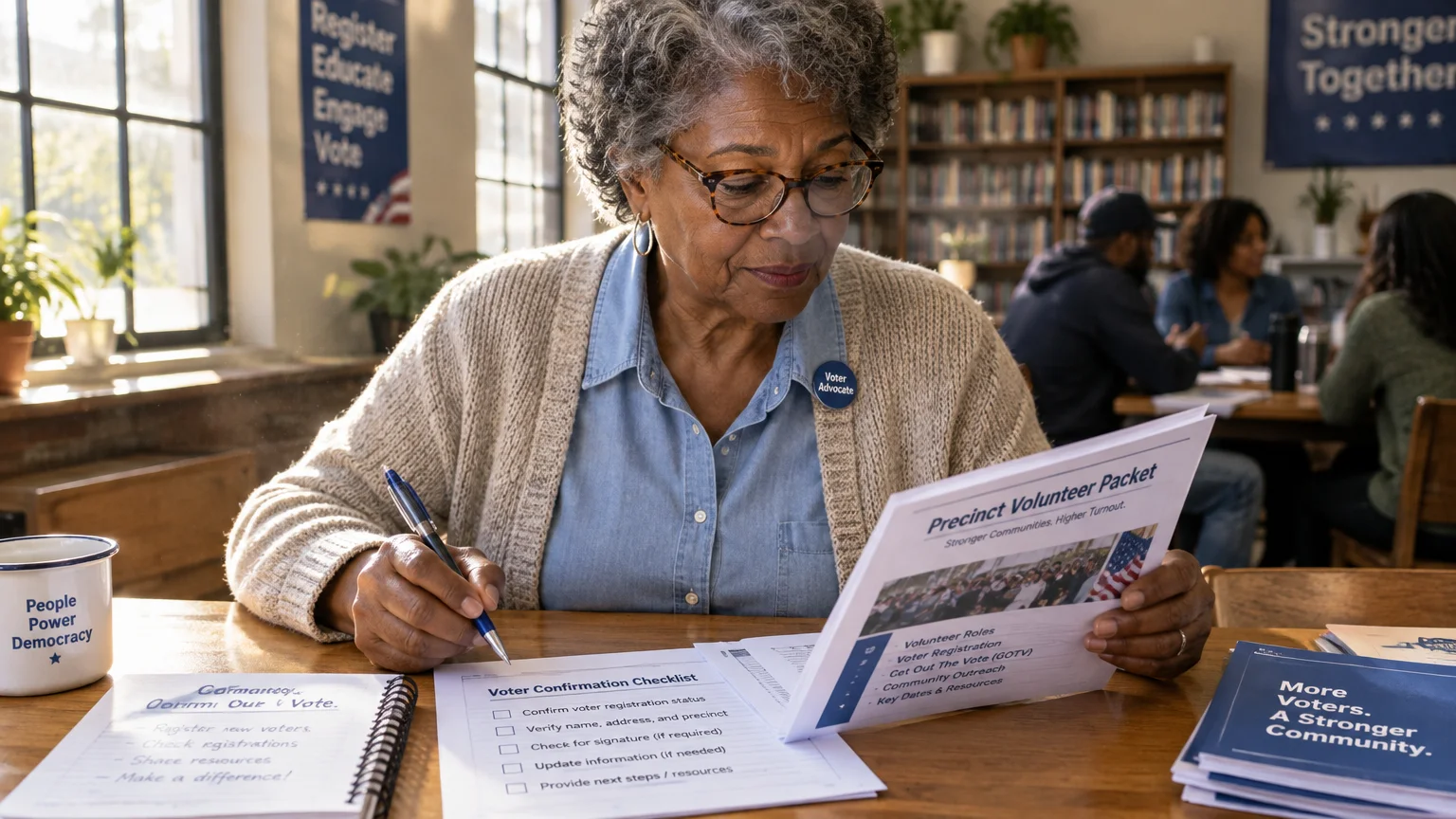 Older woman wearing glasses and a Voter Advocate pin reviews voter registration packets and checklists at a table.