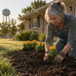 An older woman in overalls kneels in a front yard planting yellow flowers outside a brick house with moving boxes.