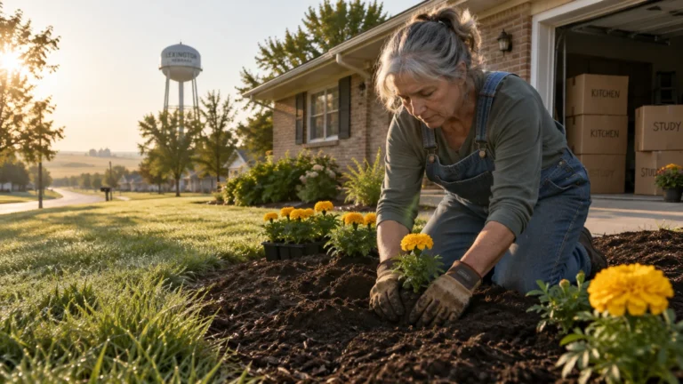 An older woman in overalls kneels in a front yard planting yellow flowers outside a brick house with moving boxes.