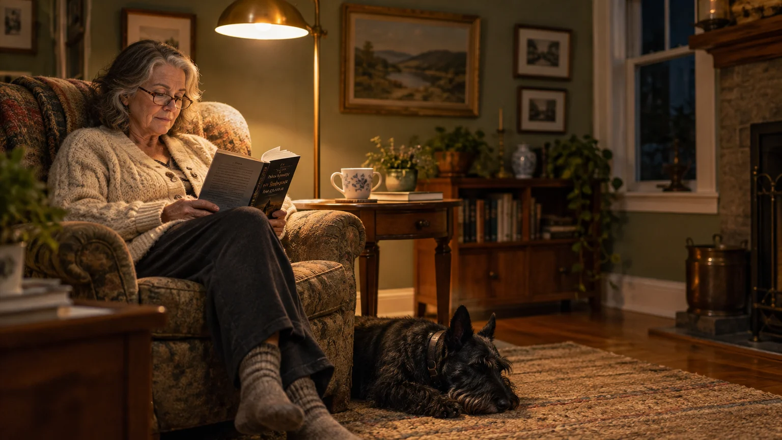 Senior woman reading a book in an armchair under a floor lamp, with a small black dog resting on the rug near her feet.