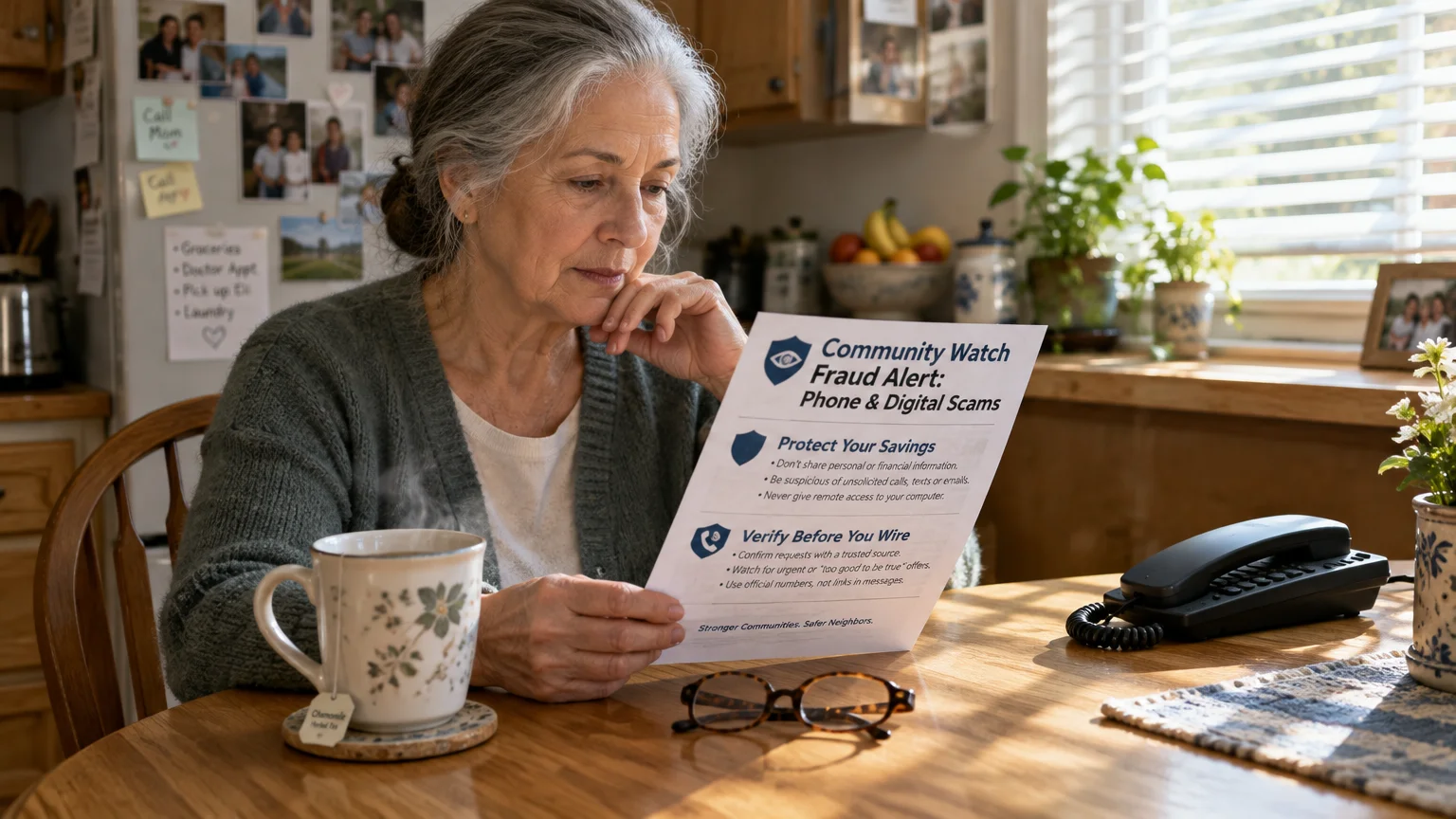 Senior woman sitting at a sunlit kitchen table reading a Community Watch Fraud Alert flyer beside a landline phone and tea.