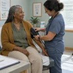 A nurse in blue scrubs places a blood pressure cuff on a smiling older woman's arm in a bright exam room.