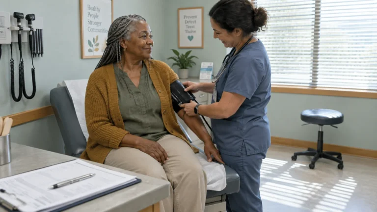 A nurse in blue scrubs places a blood pressure cuff on a smiling older woman's arm in a bright exam room.