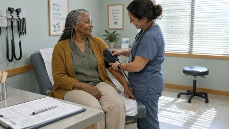A nurse in blue scrubs places a blood pressure cuff on a smiling older woman's arm in a bright exam room.