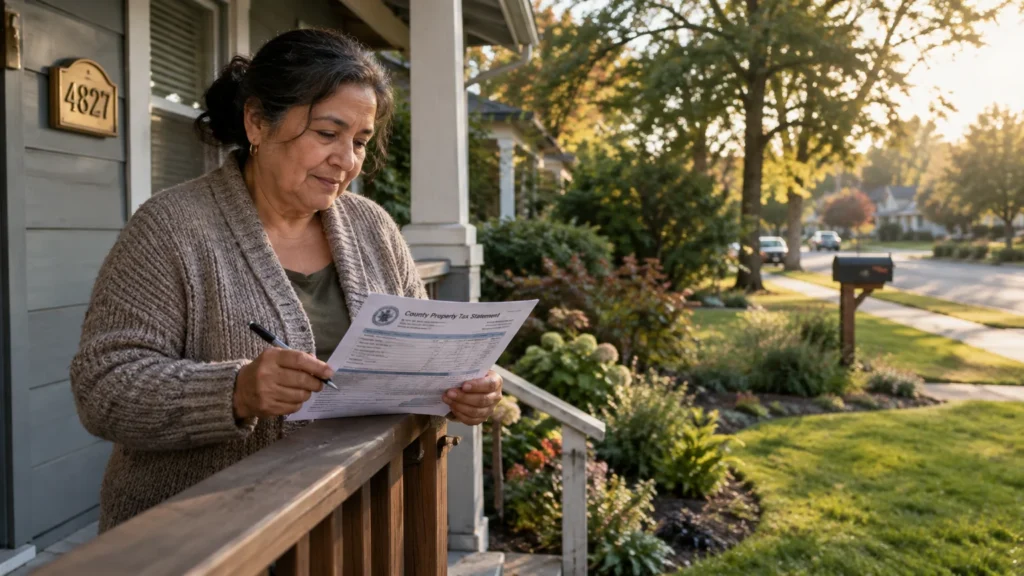 An older woman on her front porch reads a county property tax statement while holding a pen.