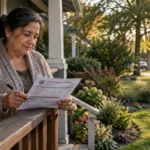 An older woman on her front porch reads a county property tax statement while holding a pen.