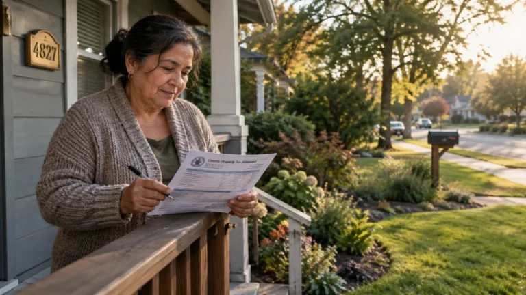 An older woman on her front porch reads a county property tax statement while holding a pen.