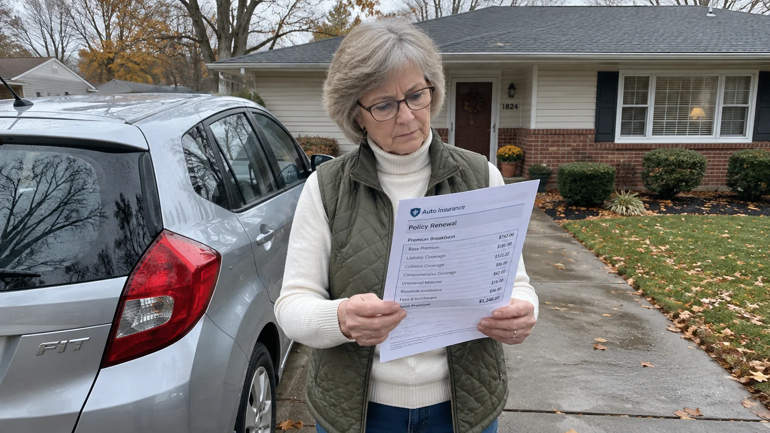 A woman stands in her driveway holding an auto insurance policy renewal paper next to a silver car and house.