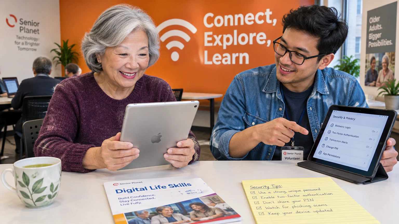 A smiling older woman and a young instructor look at digital tablets during a technology class at a Senior Planet center.
