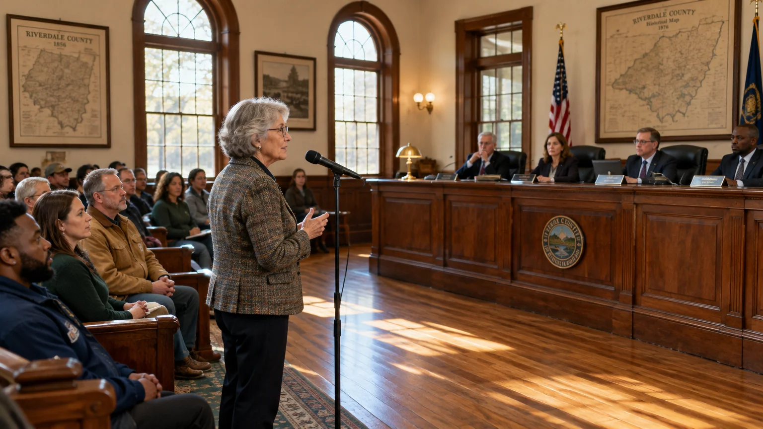 An older woman speaks into a microphone at a town council meeting before seated board members and attendees.