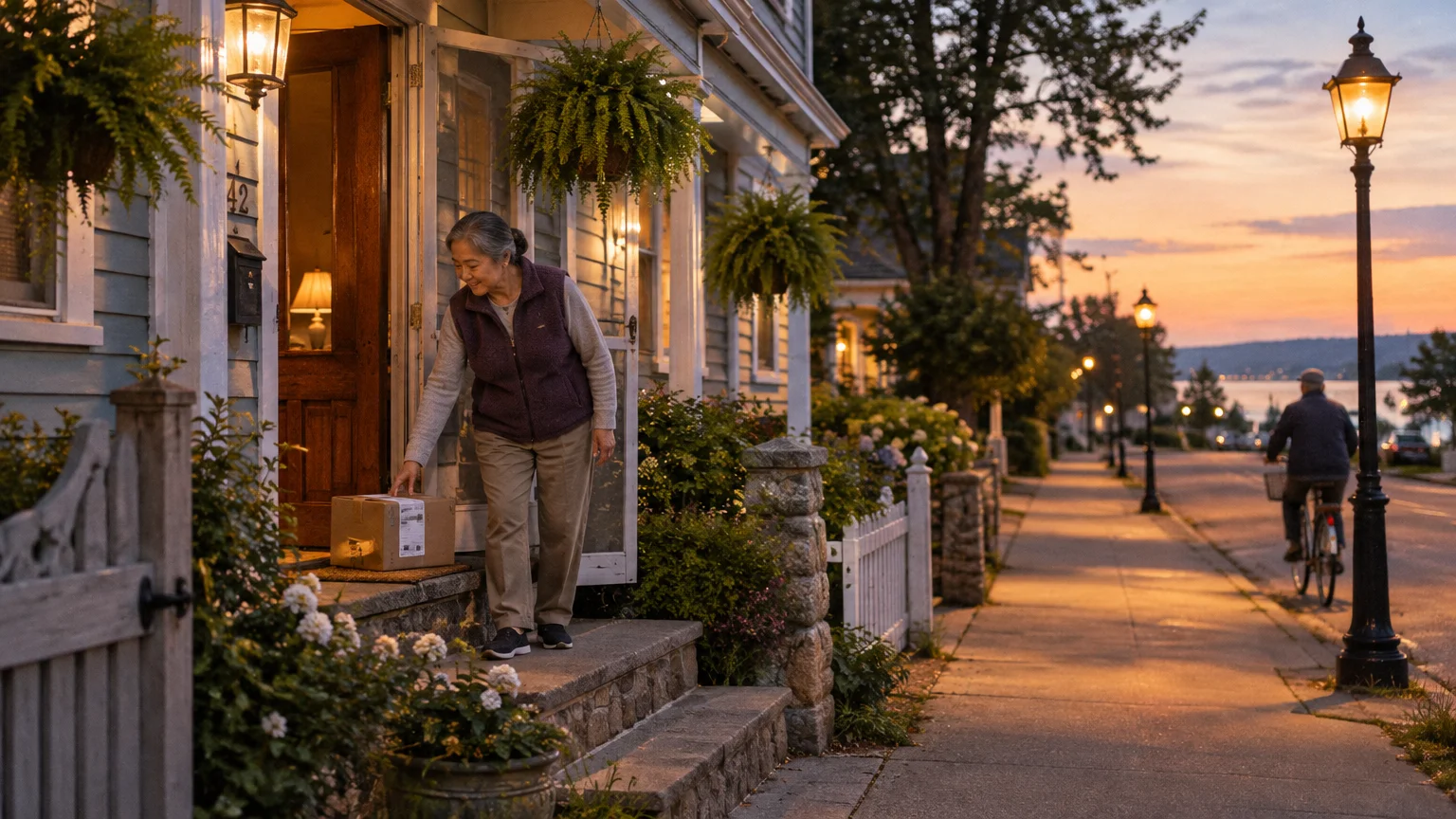 A woman picks up a delivered package from her front porch along a quiet residential street at dusk.