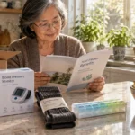 A smiling older woman in a sunlit kitchen reads a health benefits booklet next to delivered medical and wellness supplies.