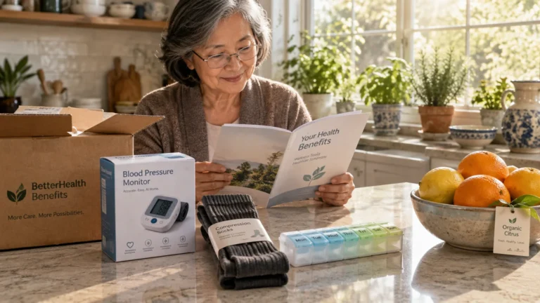 A smiling older woman in a sunlit kitchen reads a health benefits booklet next to delivered medical and wellness supplies.