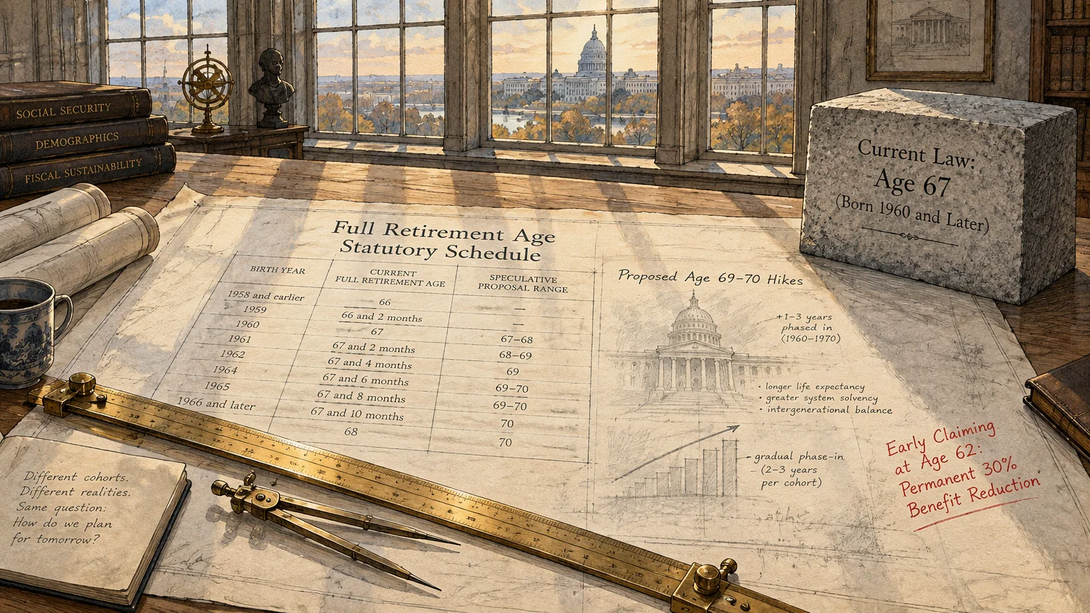 Architectural desk with a retirement age schedule, drafting tools, a stone block, and a window overlooking the US Capitol.