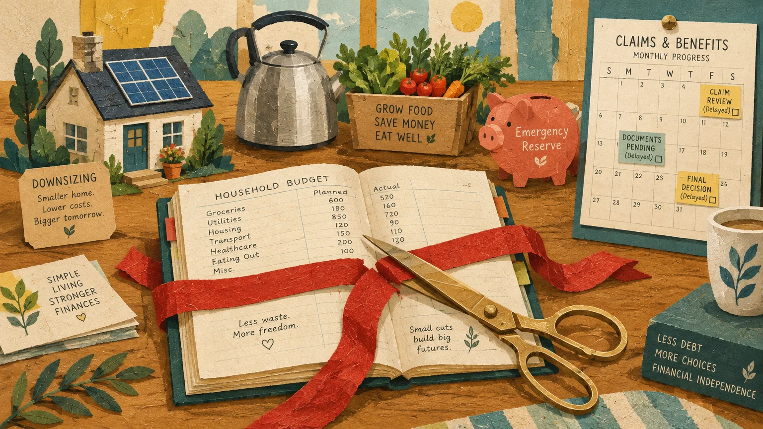 Illustration of an open budget ledger with scissors, a model house, piggy bank, and calendar on a desk.
