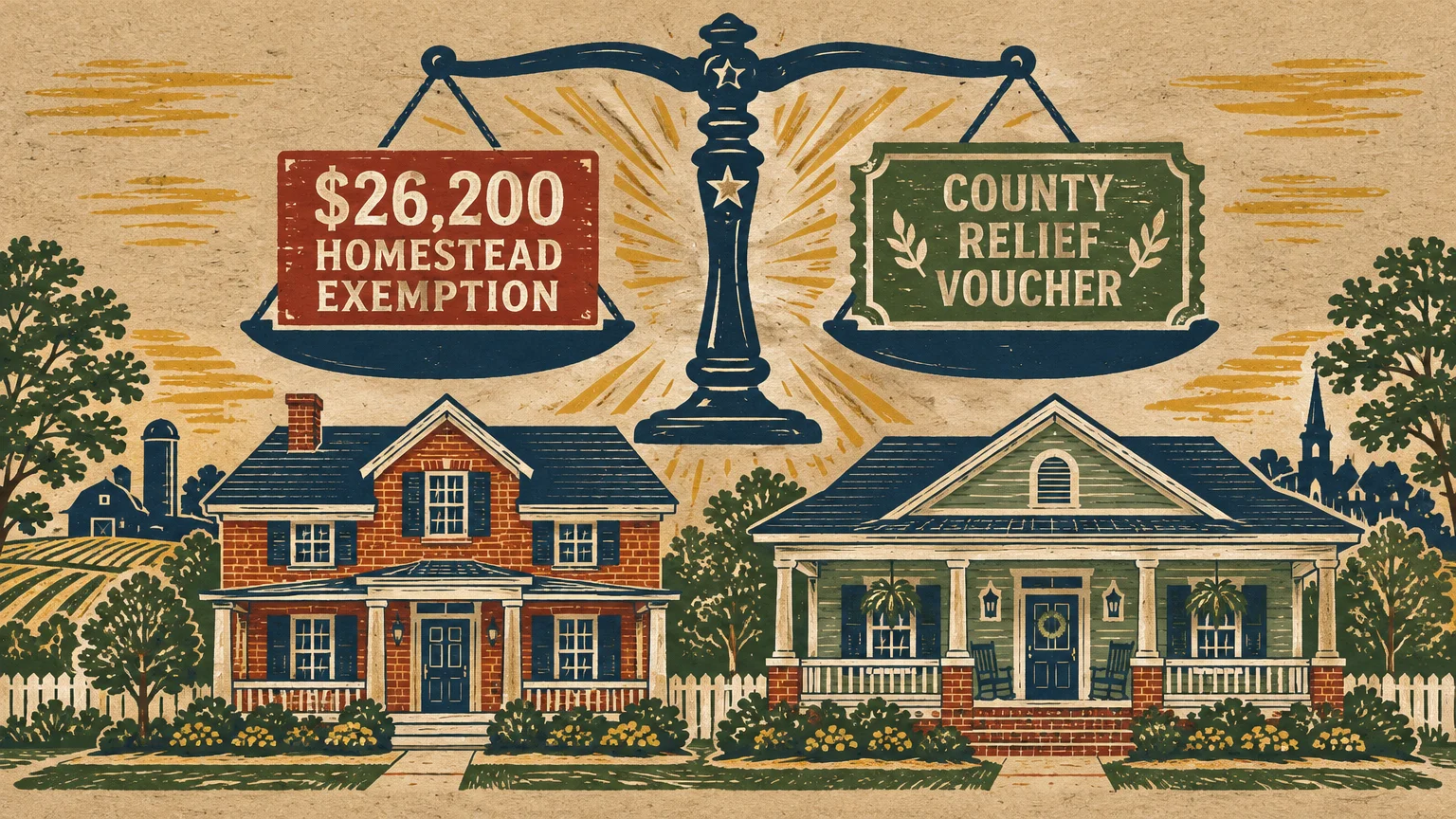 Folk-style illustration of two suburban houses below a scale of justice holding signs for property tax relief.