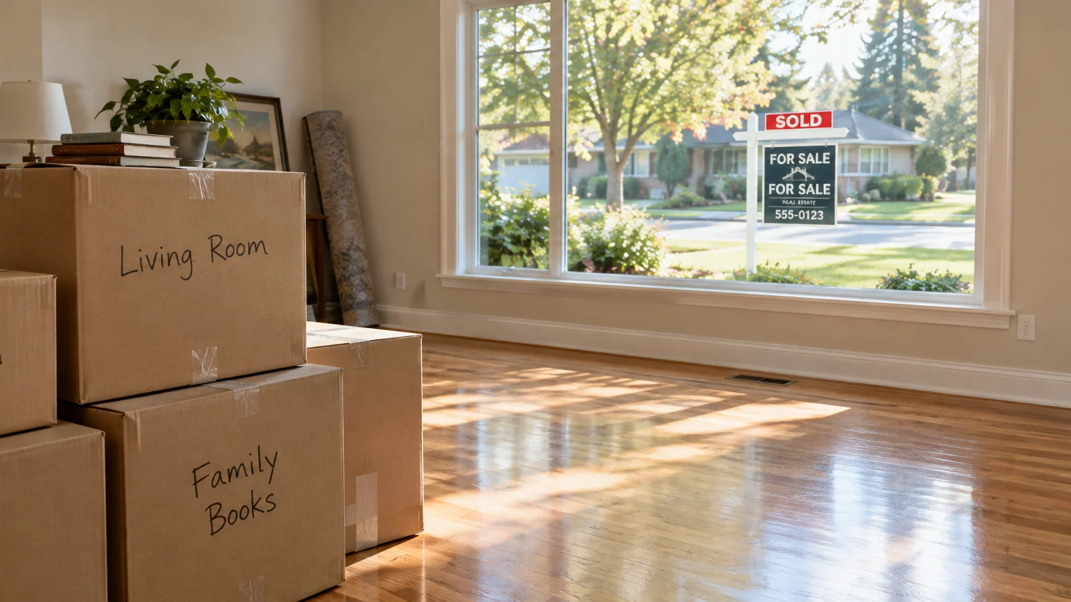 Packed moving boxes stacked in an empty room with hardwood floors in front of a window showing a sold real estate sign.