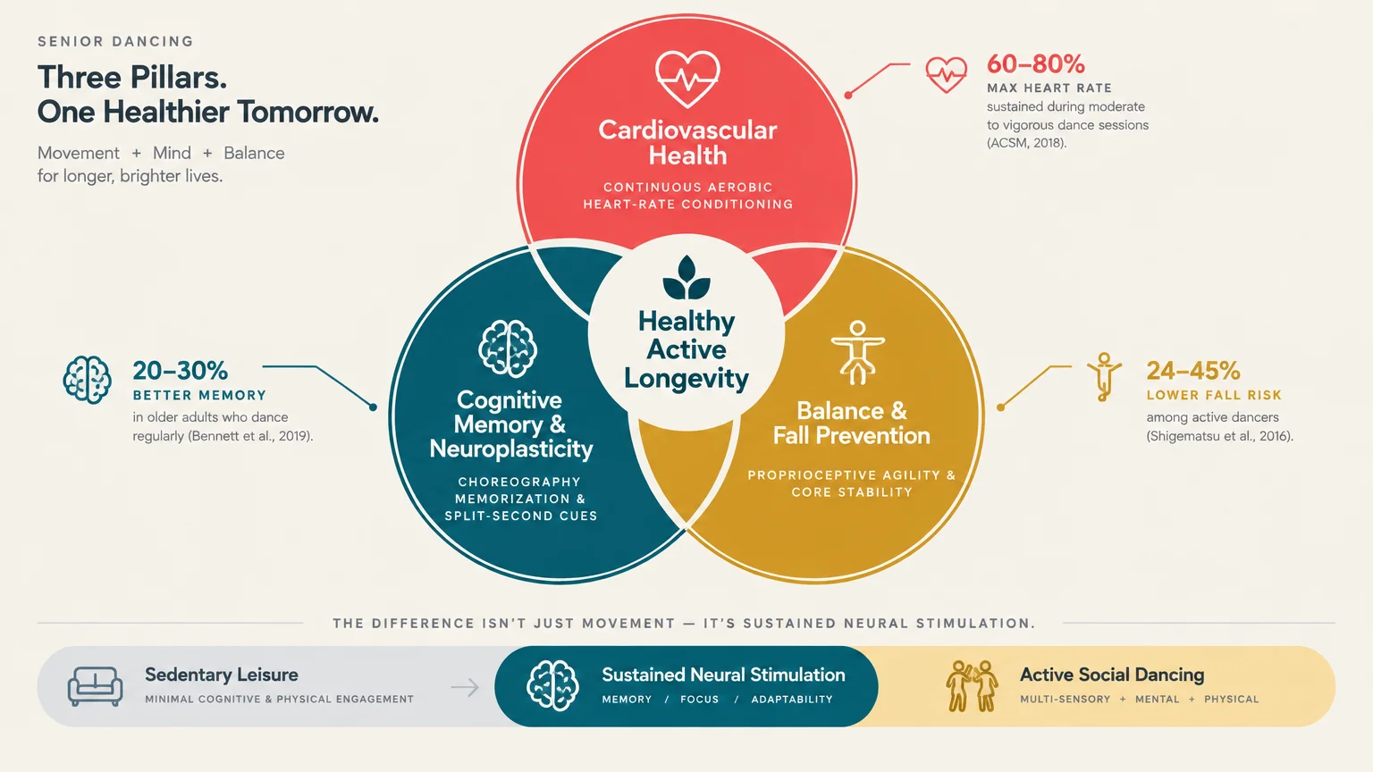 Venn diagram showing cardiovascular health, cognitive memory, and balance intersecting at healthy active longevity.