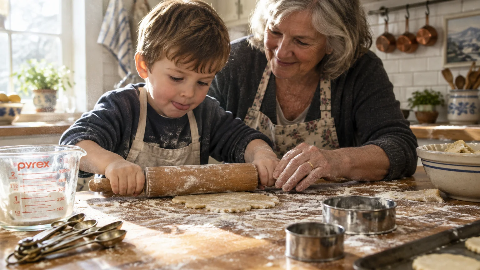 A smiling grandmother watches a young boy in an apron use a wooden rolling pin on dough on a flour-dusted kitchen table.