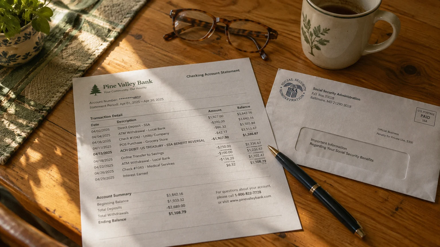 Bank statement showing a Treasury benefit reversal beside a Social Security Administration envelope on a wooden table.