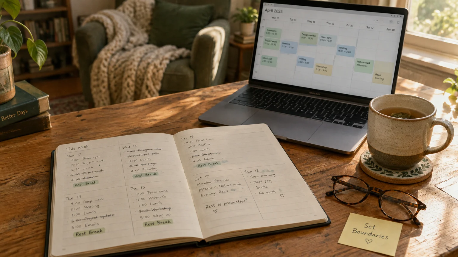 Open weekly planner and laptop with digital calendar on a wooden desk beside eyeglasses, tea, and a sticky note.