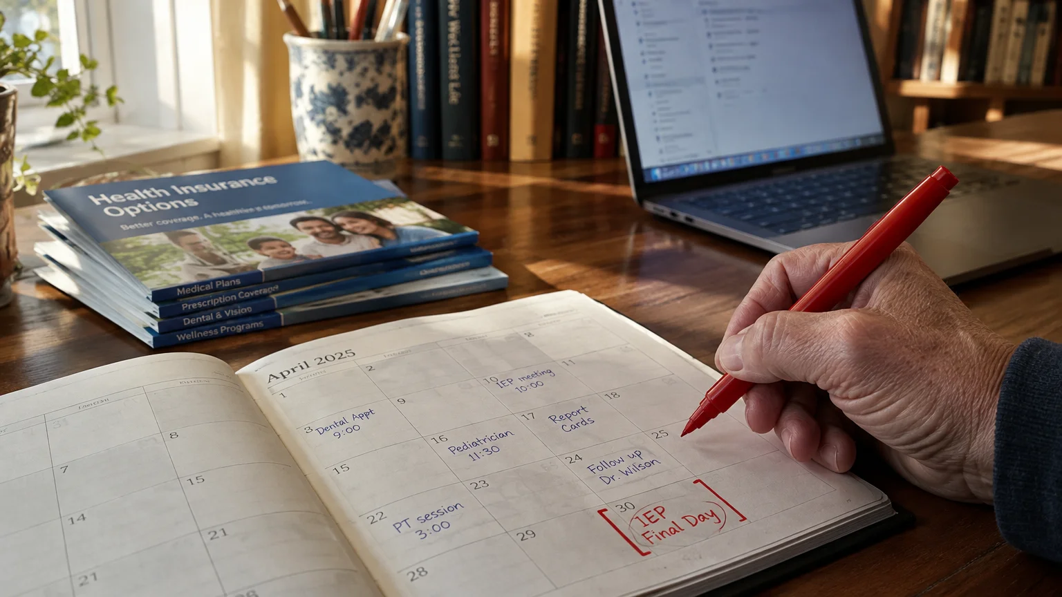A person using a red marker to mark "IEP Final Day" on an open calendar beside health insurance booklets and a laptop.