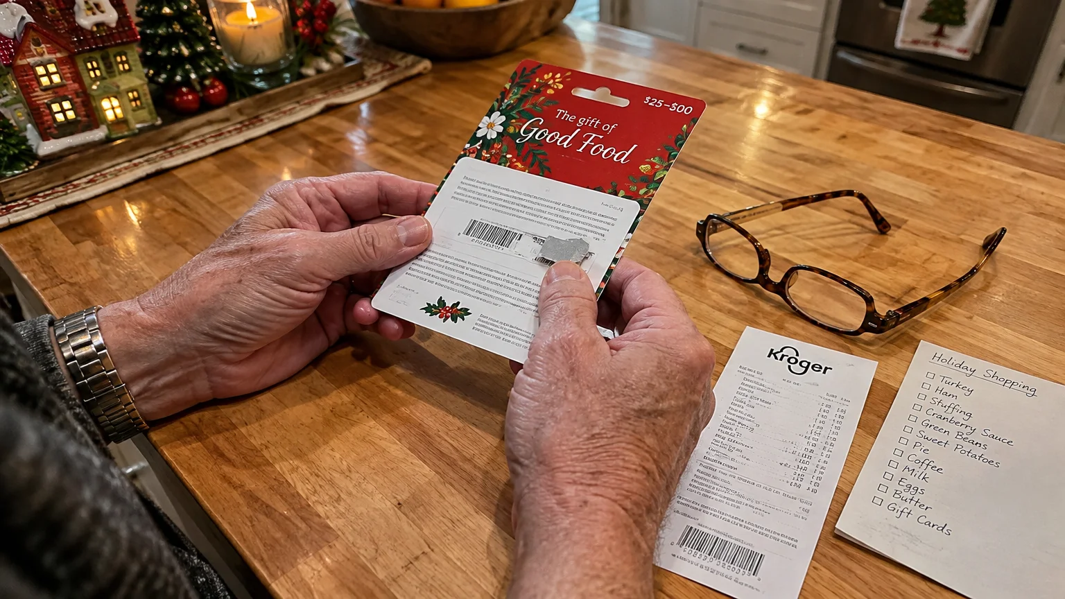 Older person holding a grocery gift card with a scratched-off pin code next to a receipt and glasses on a counter.