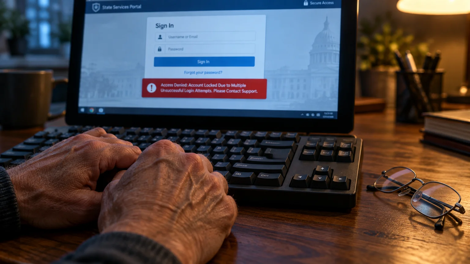 Close-up of elderly hands typing on a keyboard before a laptop screen showing an access denied account lockout message.