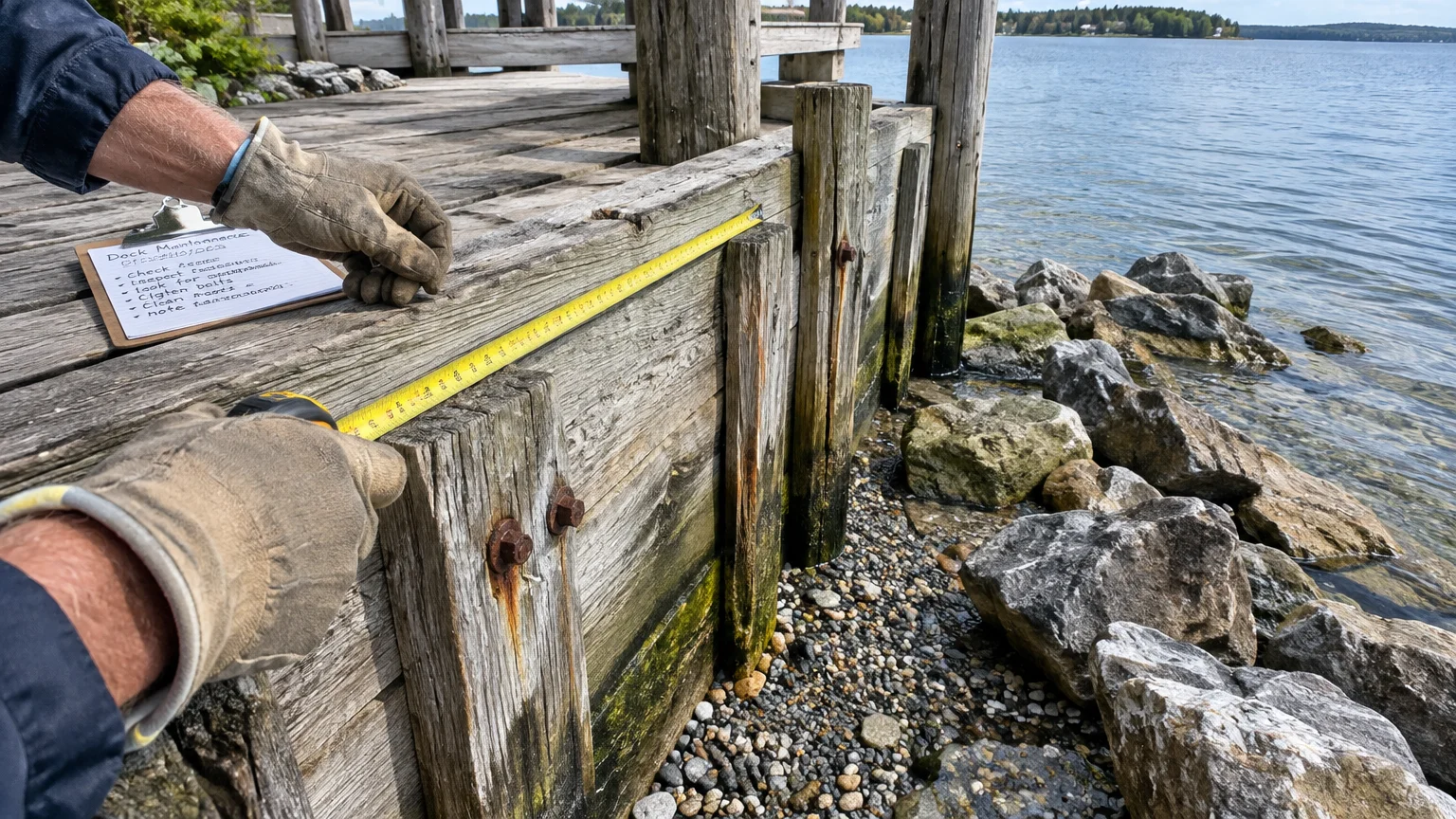 Person in work gloves measuring the wooden edge of a lakefront dock with a tape measure next to a checklist clipboard.